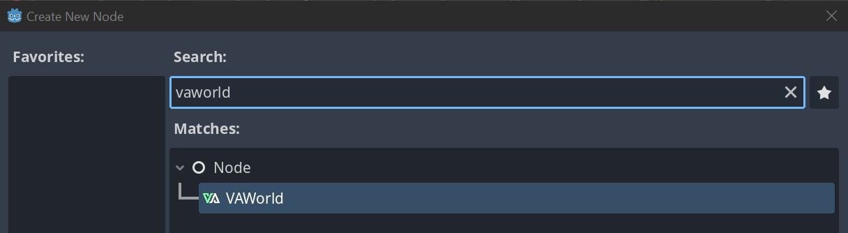 Create New Node dialog, with 'VA' in the search bar, and a Node > VAWorld node in the search results