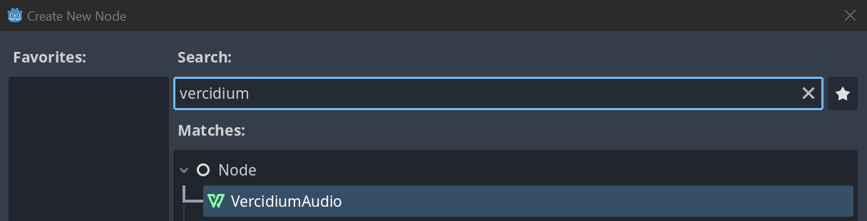 Create New Node dialog, with 'vercidium' in the search bar, and a Node > VercidiumAudio node in the search results