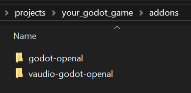 Screenshot of the your_godot_game/addons folder on Windows