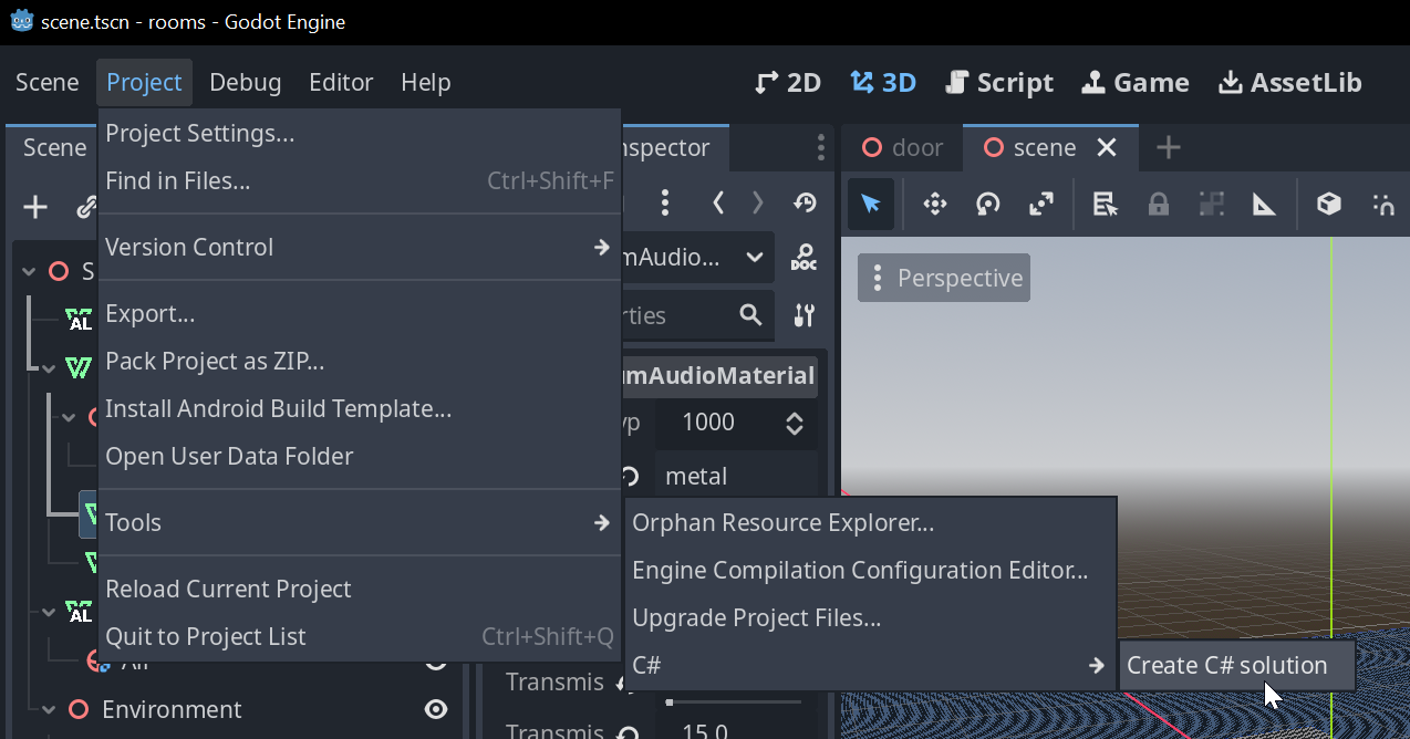 Screenshot of the Godot window, clicking Project > Tools > C# > Create C# solution