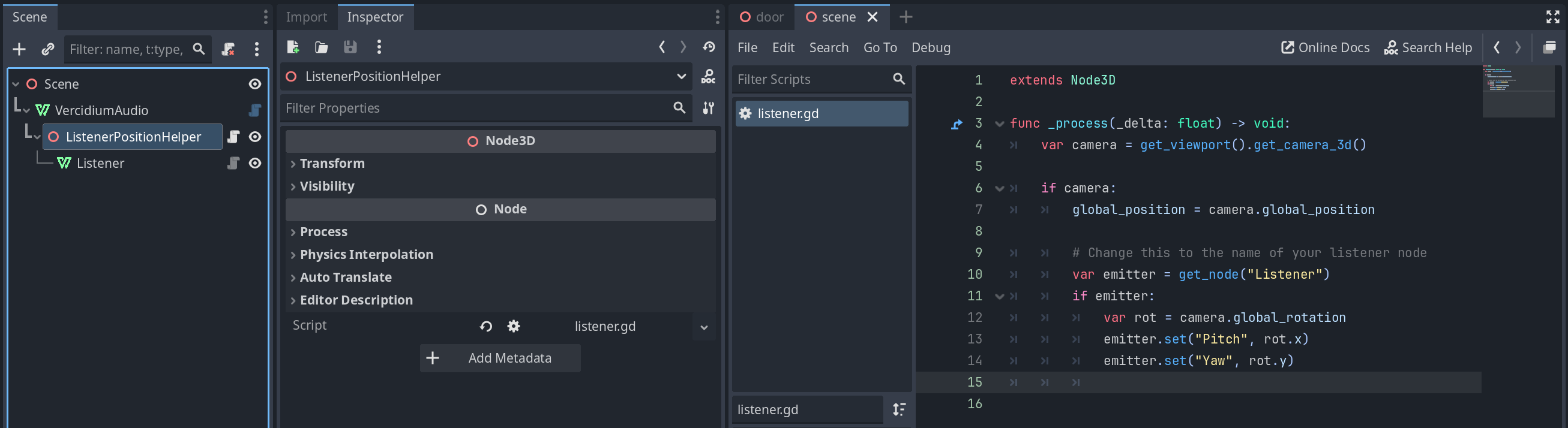 Godot scene tree on the left containing Scene > Vercidium Audio > ListenerPositionHelper > Listener nodes