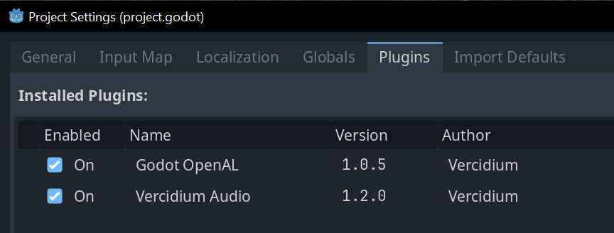 Screenshot of Godot plugin settings, with both plugins enabled