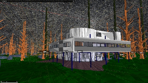 Screenshot of rays around the villa in the Vercidium Audio forest demo